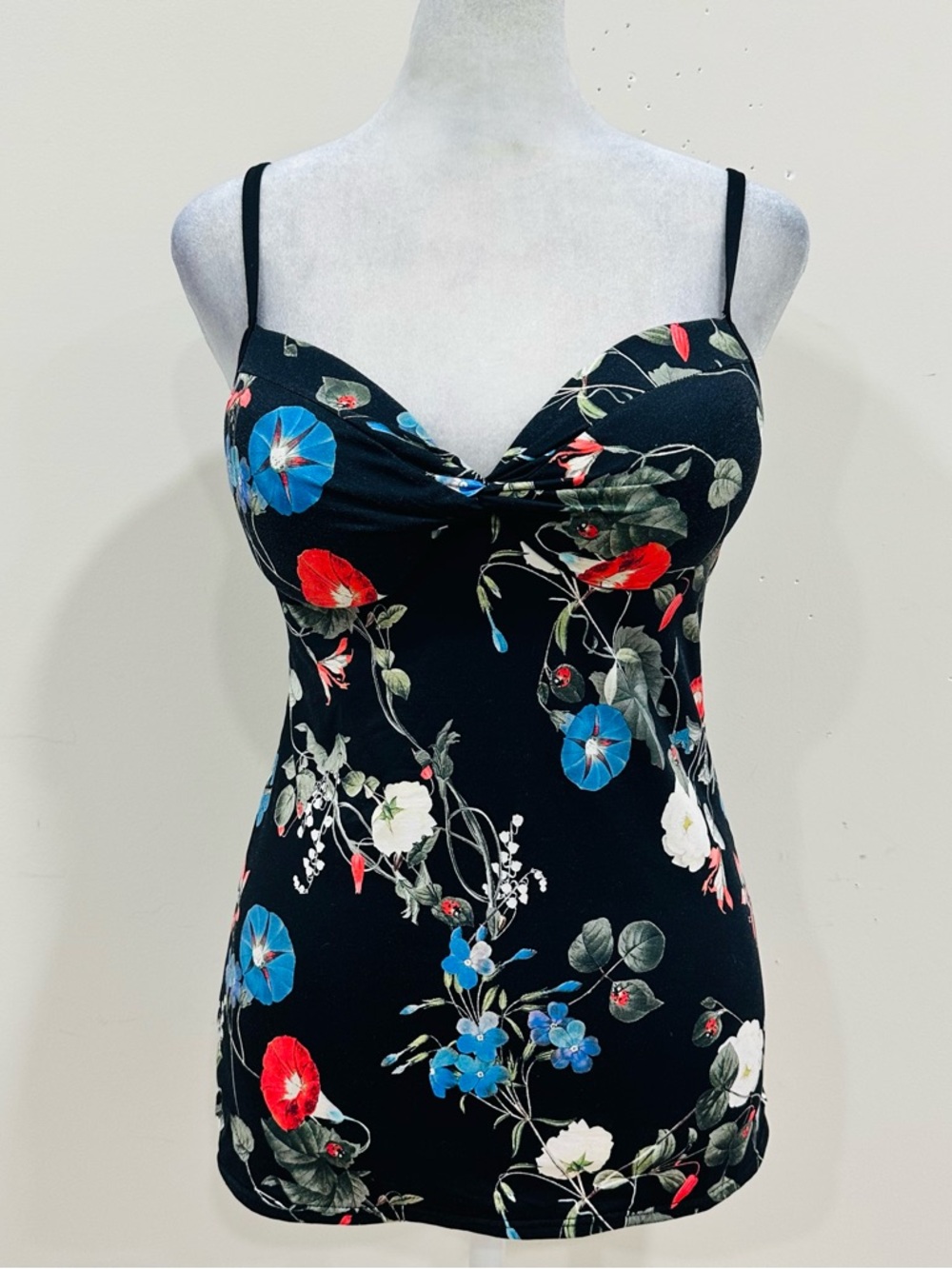 Moontide Tankini Top Black Floral Plunge Twist Front Swimwear Women’s Size M‎